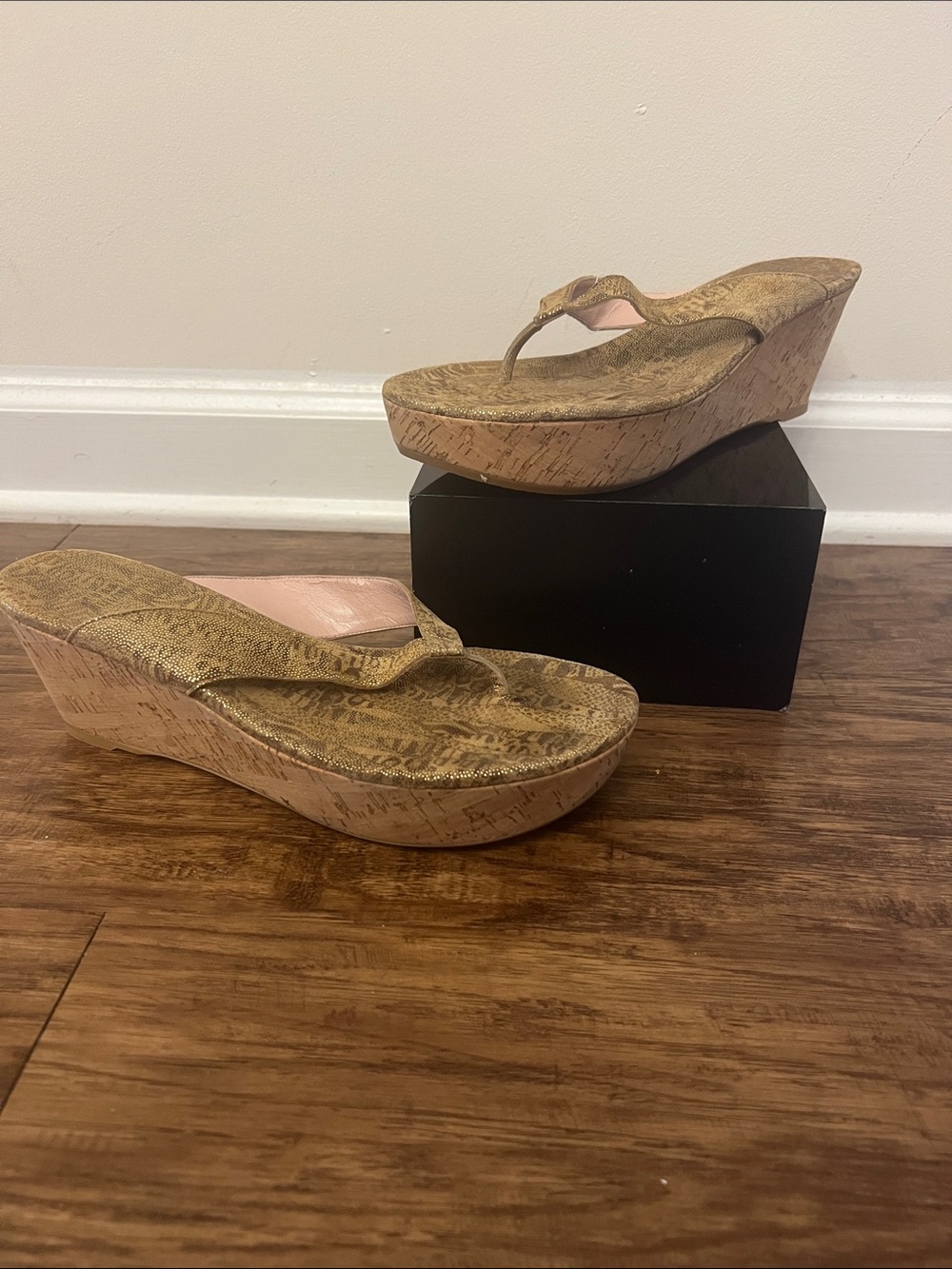 Stuart Weitzman Gold Cork Wedge Thong Sandals
